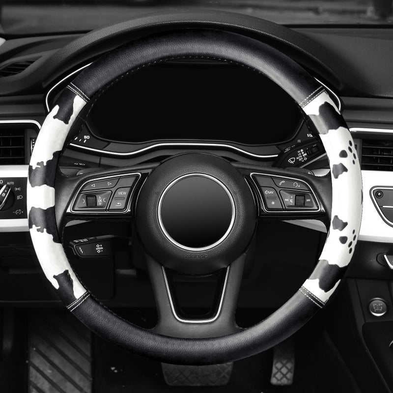 ZHOL Cow Print Steering Wheel Cover, Universal 14.5-15 inch Breathable Microfiber Leather Anti-Slip Car Steering Wheel Protector for Women Men, Black&White - Image 2